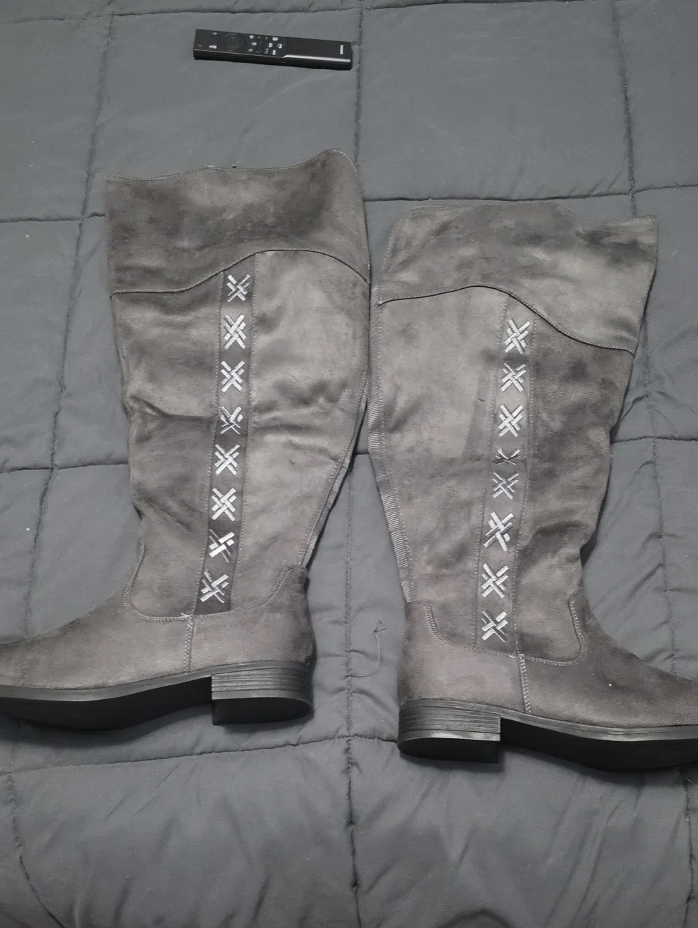 Avenue Gray Over-the-Knee Suede Boots with Decorative Stitching